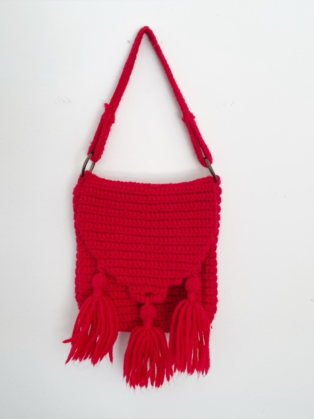 Vintage handmade crochet knit purse slouchy boho desert fringe western retro
